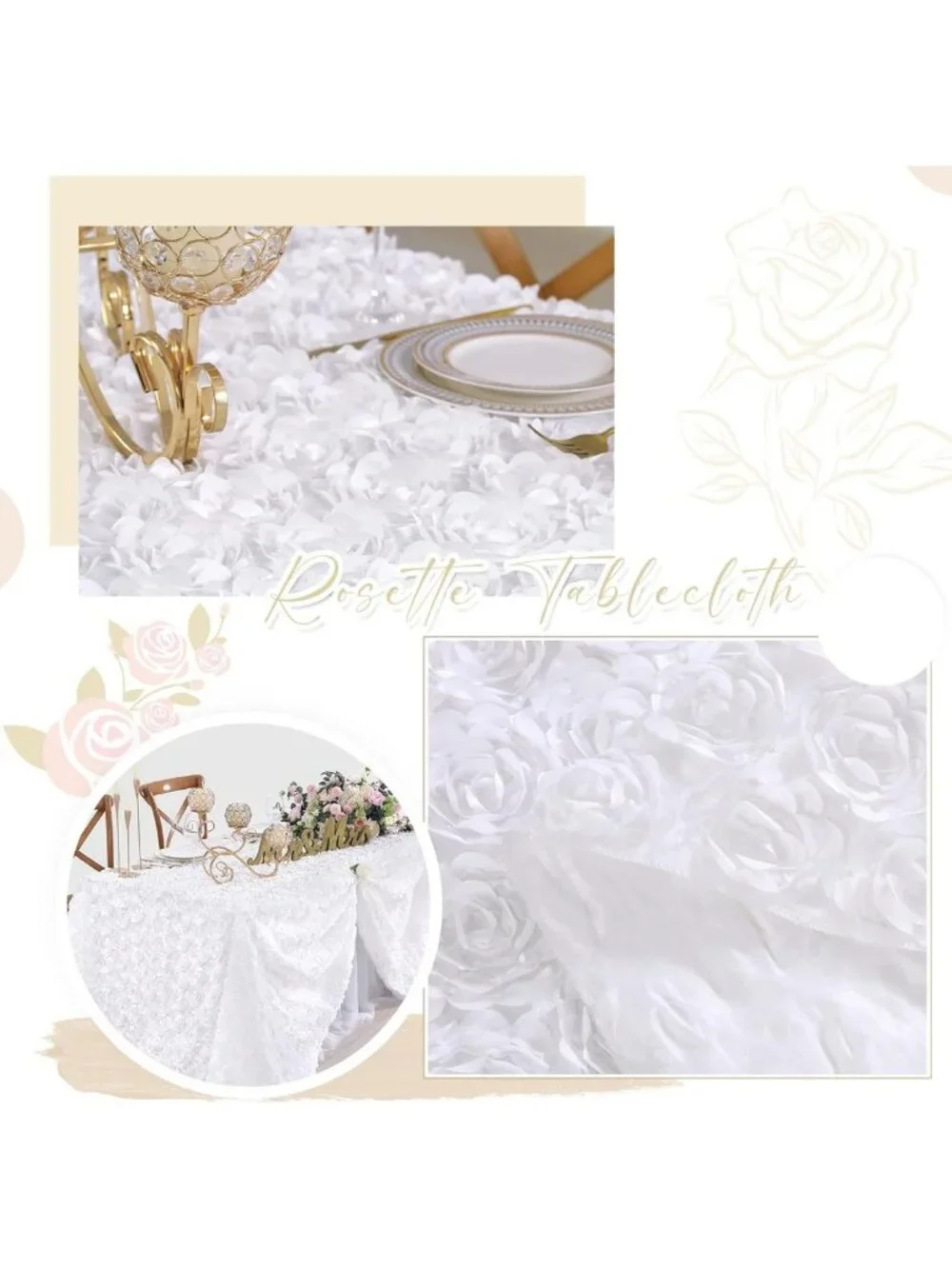 Elegant 3D Floral Rosette Satin Tablecloth 90